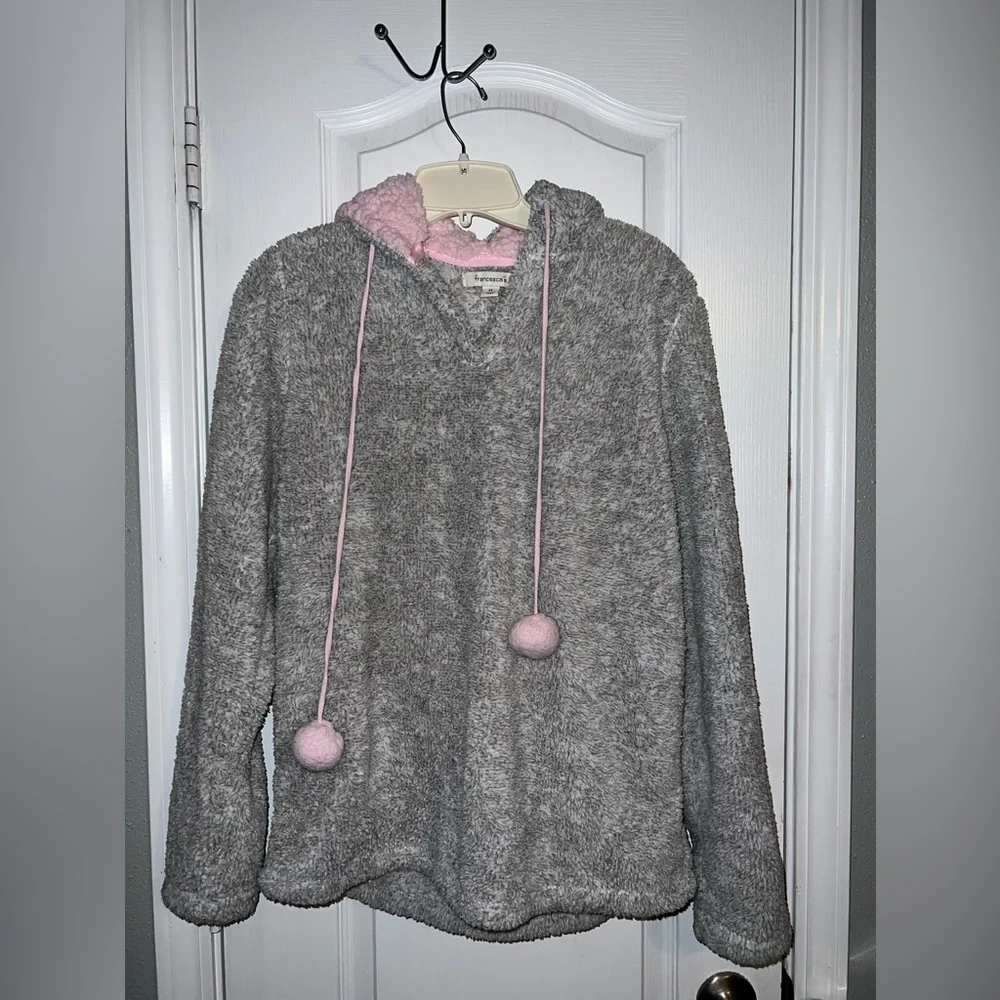 Francesca’s Cozy Fuzzy Pajama Lounge Set Grey Pink Pom Pom Hoodie Size M/S